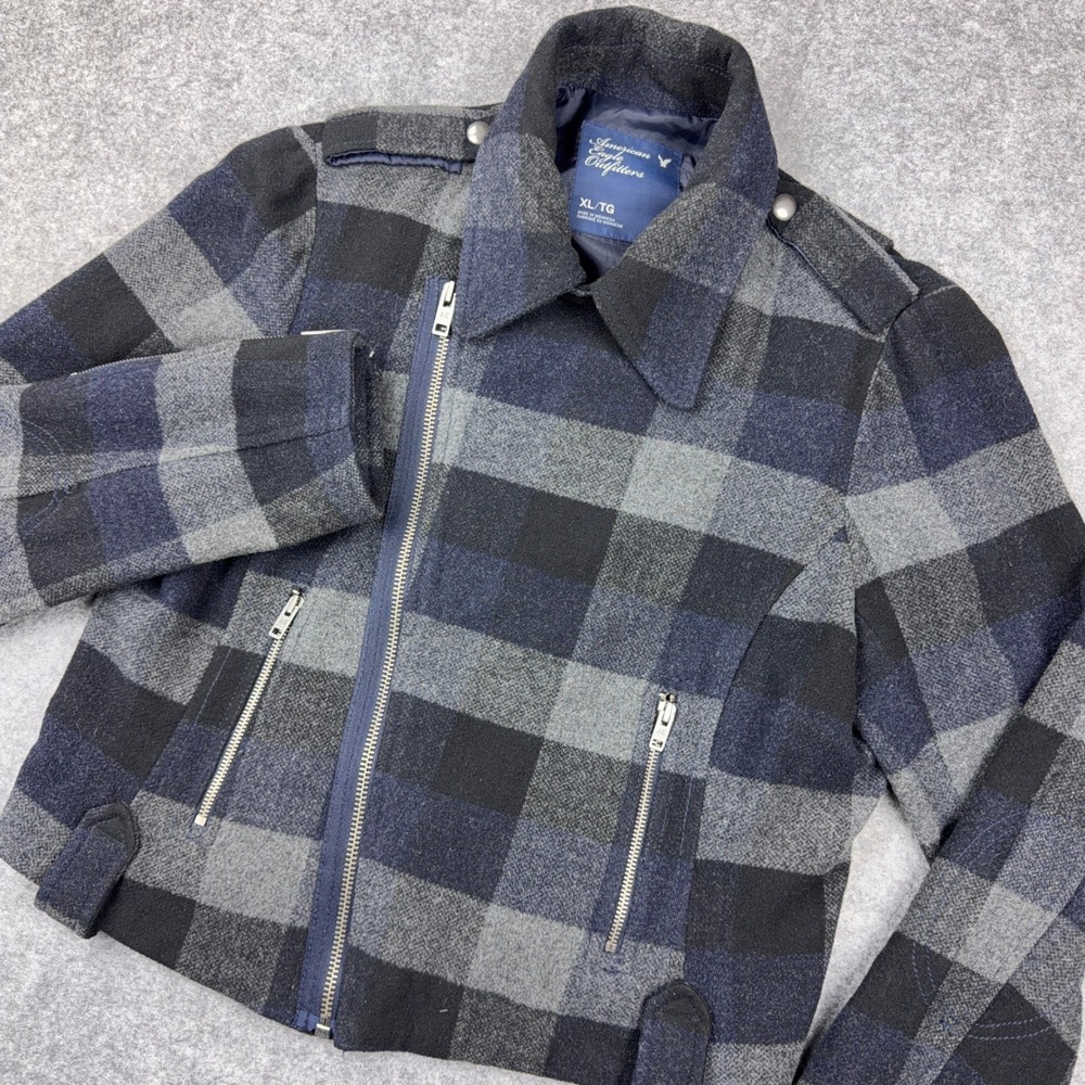 American Eagle Jacket Womens XL Gray Blue Plaid Wool Blend Asymmetrical Zip Moto